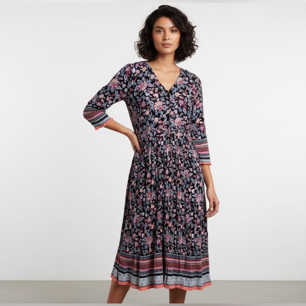 Westbound Black Floral V-Neck Midi Dress with Pink Accents